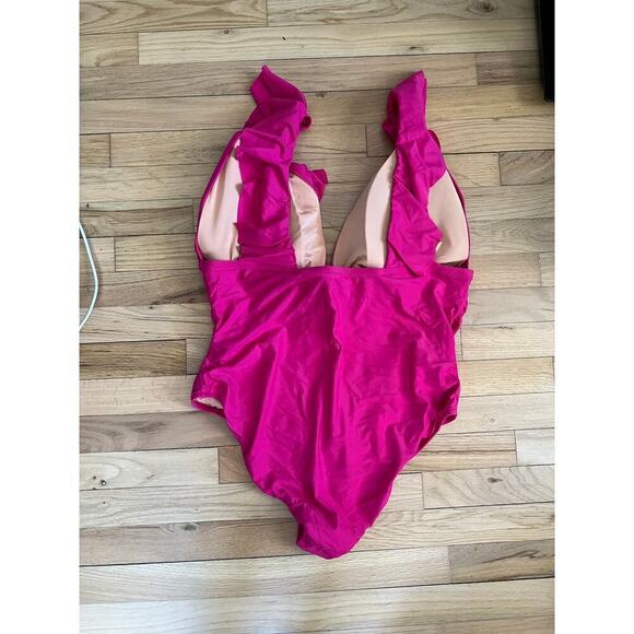NWT J. Crew Pink Fushia One Piece Swim Suit Ruched Ruffle V Neck Women's 22 - Picture 3 of 10